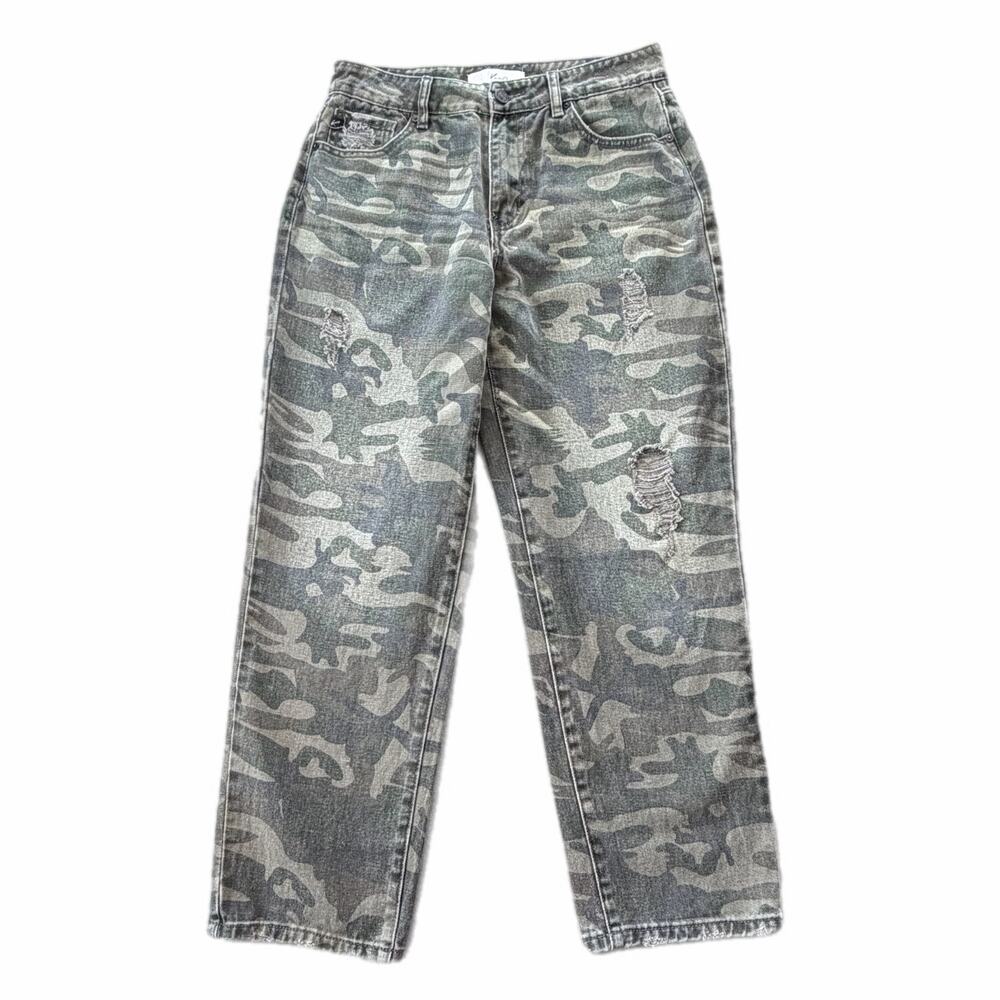 Kancan Benji Camouflage Distressed High Rise Straight Cotton Denim Jeans